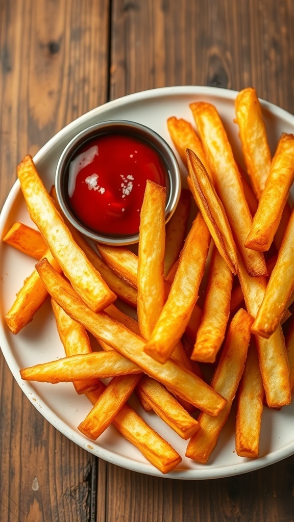 Crispy Air Fryer Fries with Cornstarch Crispy air fryer fries on a plate with ketchup on the side.